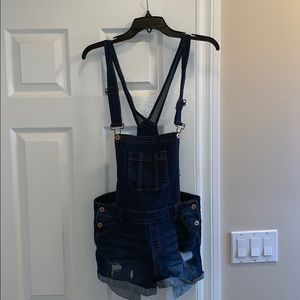 Distressed overall shorts